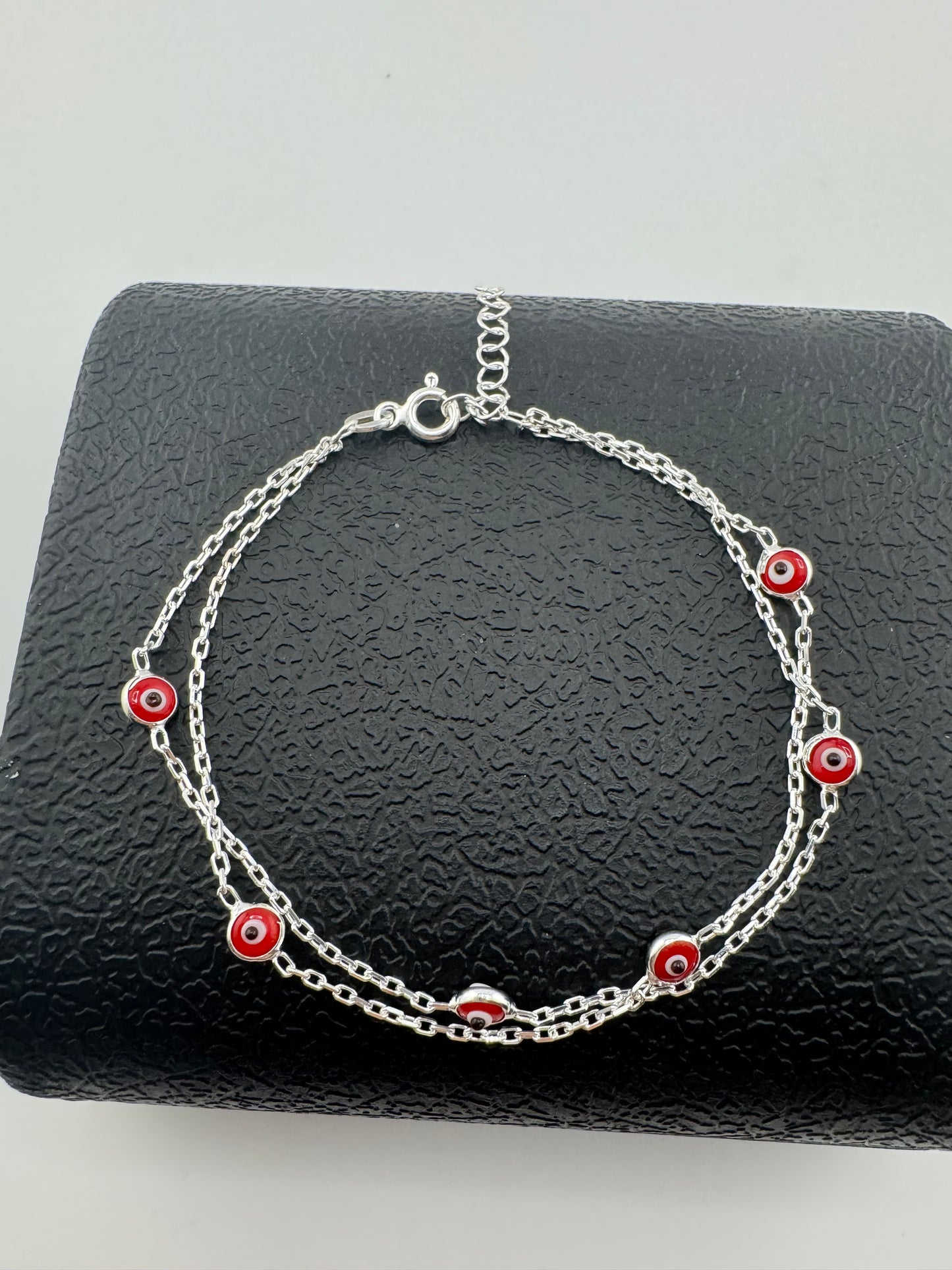 Evil Eye bracelet blue and red stone, ojo de turco, pulsera de ojito en plata 925 ajustable.