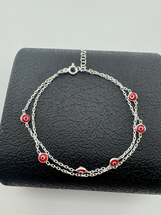 Evil Eye bracelet blue and red stone, ojo de turco, pulsera de ojito en plata 925 ajustable.