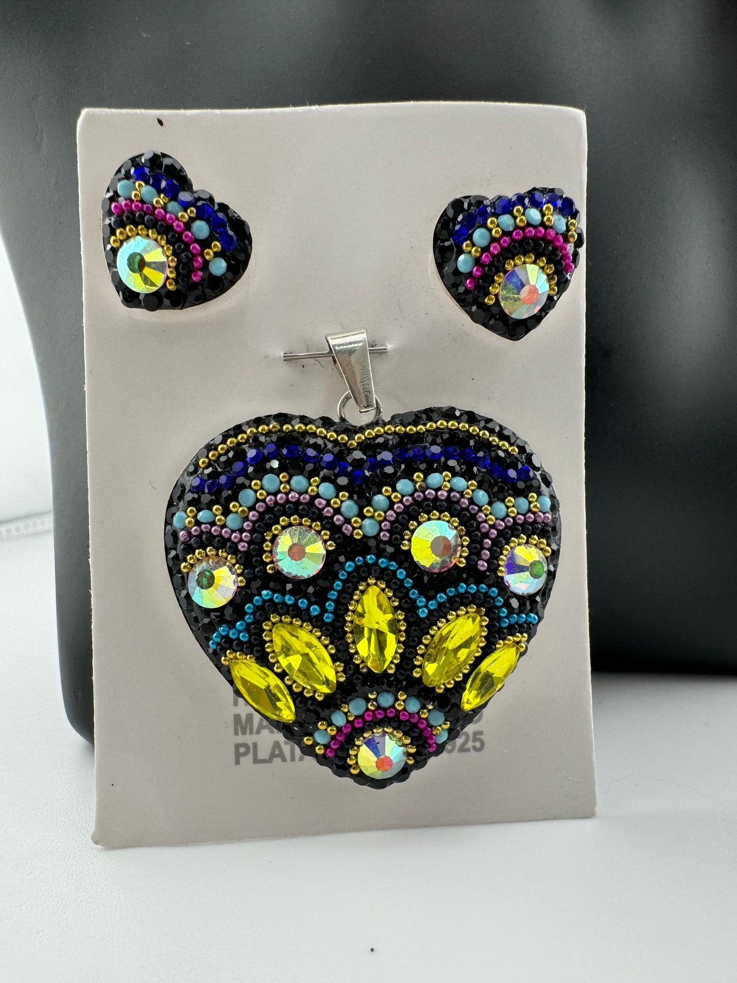 2 Pcs Heart Jewelry Set, Heart/Bear Pendant and Earrings Hand made Mexican Folk Art Necklace,925 sterling silver corazones y Oso hecho a mano, hecho con amor.