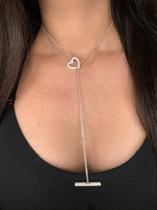 Corbatina 925s Silver Slip Chain Necklace With Heart O-ring, Corazon Necklace Adjustable Long Chain Collar Jewelry, clover/Corazon Plata