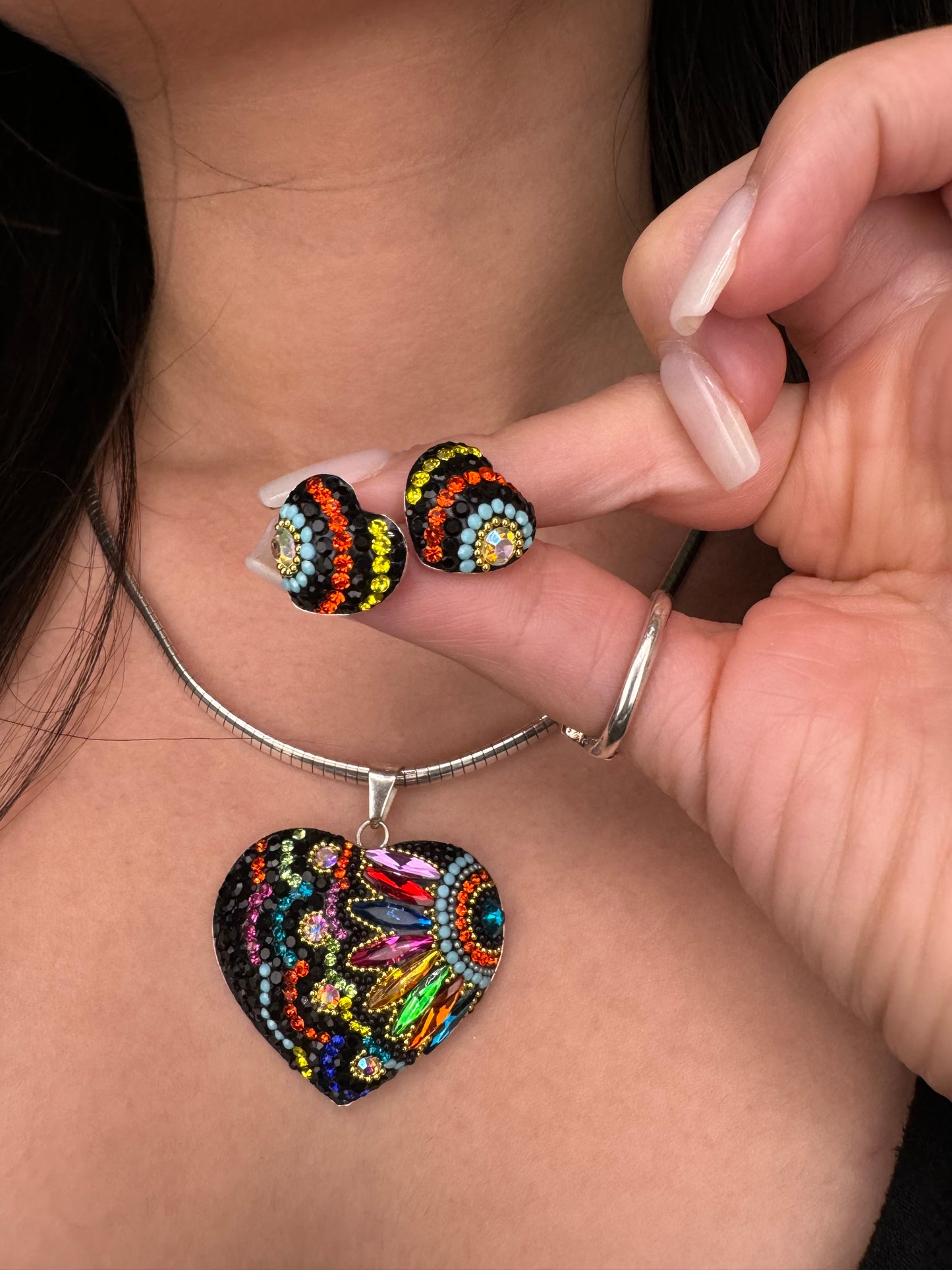 2 Pcs Heart Jewelry Set, Heart/Bear Pendant and Earrings Hand made Mexican Folk Art Necklace,925 sterling silver corazones y Oso hecho a mano, hecho con amor.