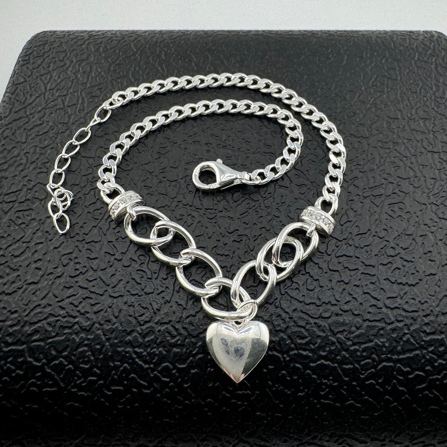 Solid Heart Cuban Bracelet 925s Silver, Pulsera solida de Corazon colgando plata 925, pulso