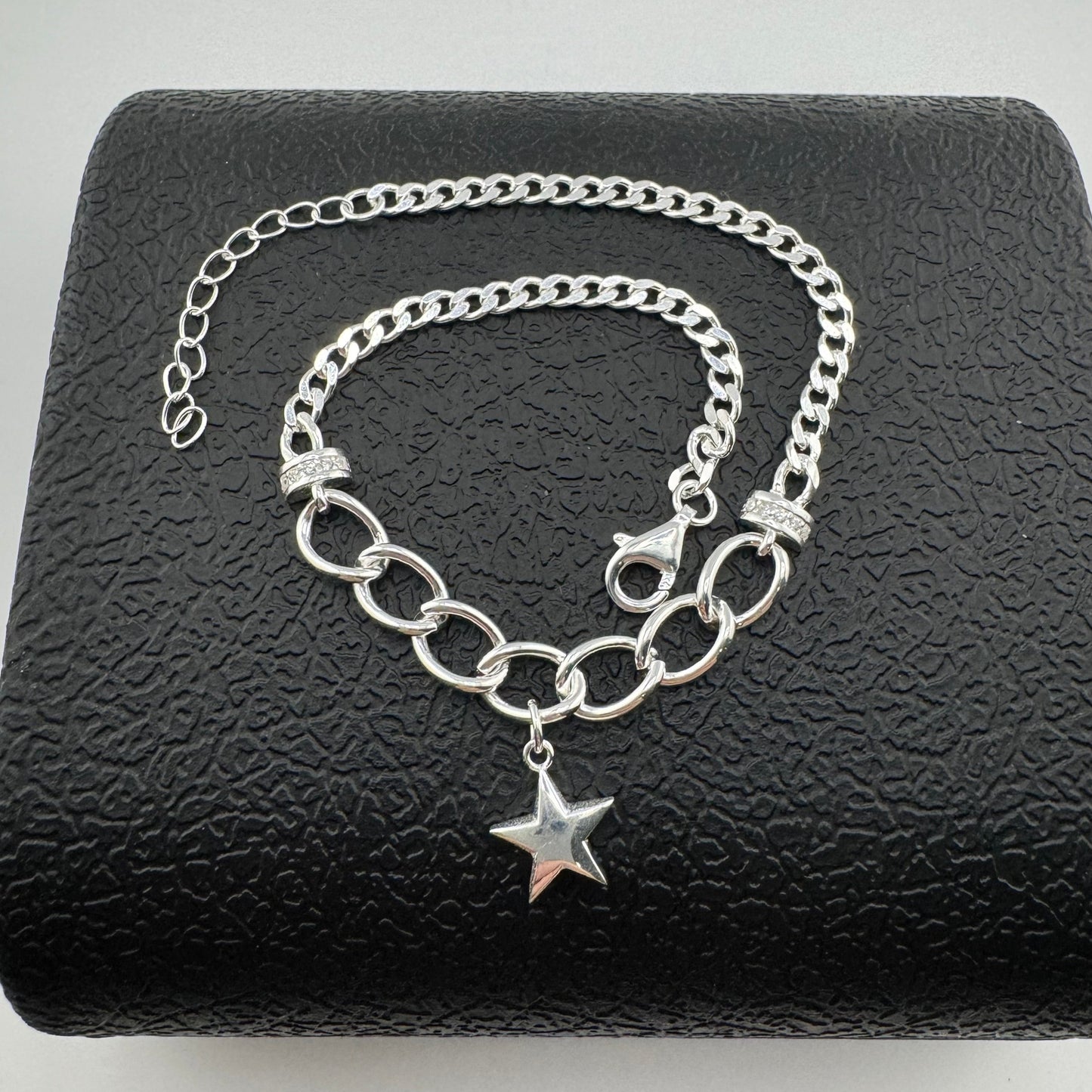 Solid Star Cuban Bracelet 925s Silver, Pulsera solida de Estrella colgando plata 925, pulso