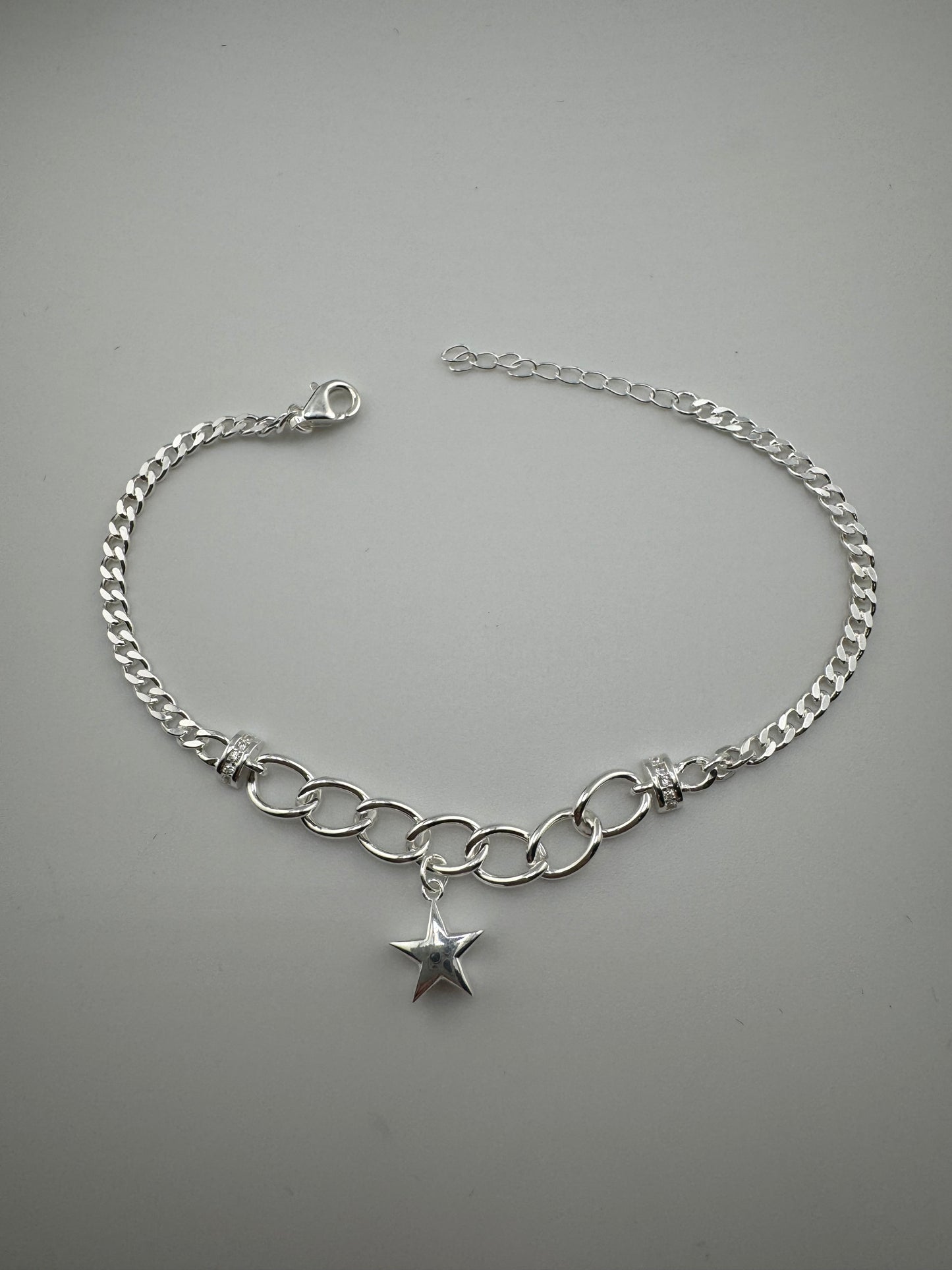 Solid Star Cuban Bracelet 925s Silver, Pulsera solida de Estrella colgando plata 925, pulso