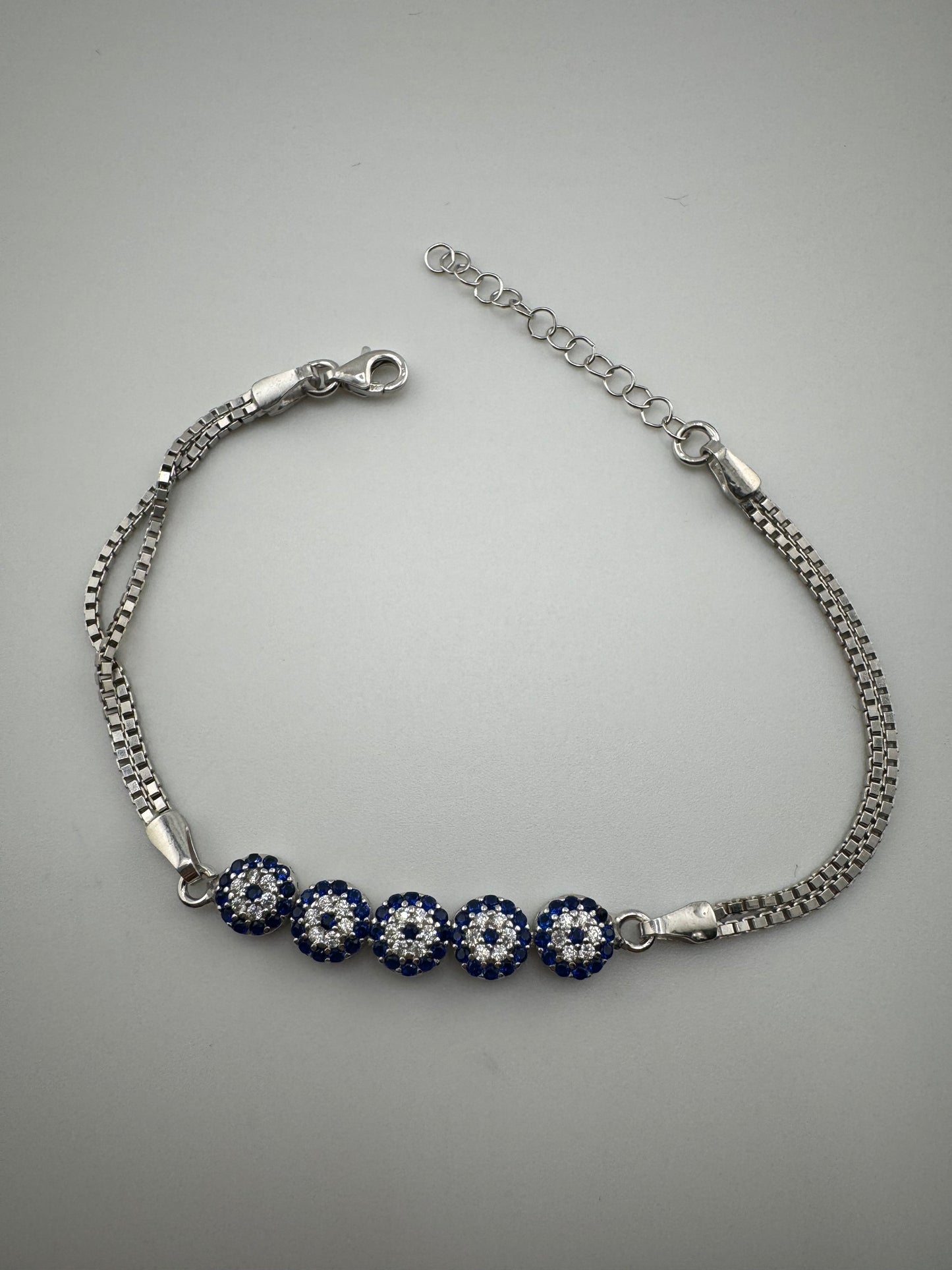 Evil Eye bracelet with 5 evil eye blue stone, Pulcera de ojito, ojo de turco plata 925