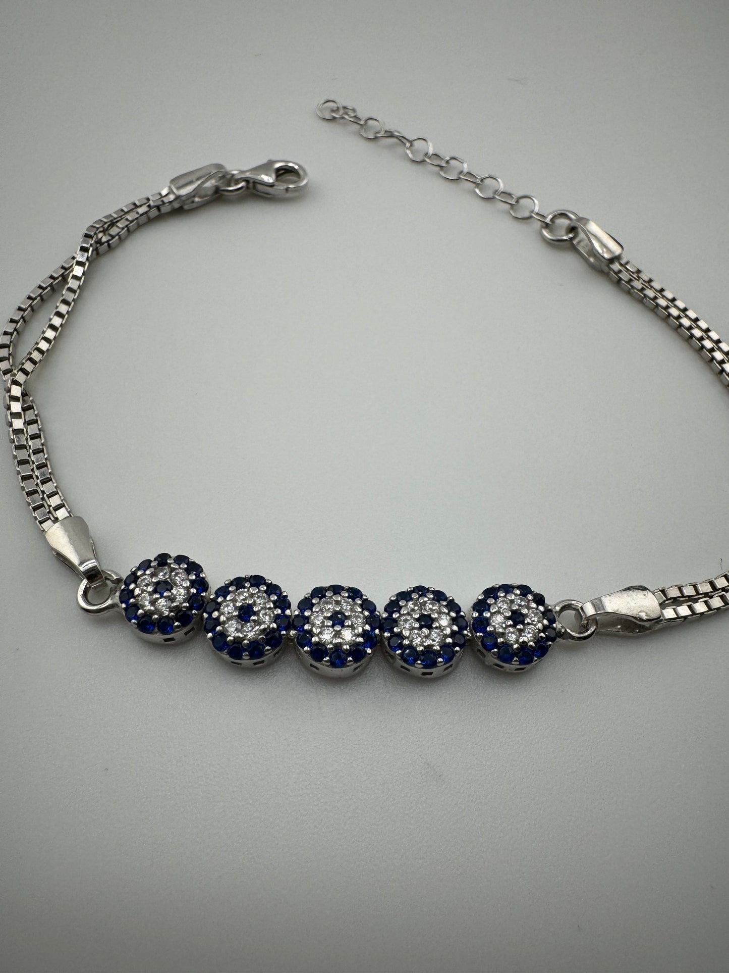 Evil Eye bracelet with 5 evil eye blue stone, Pulcera de ojito, ojo de turco plata 925