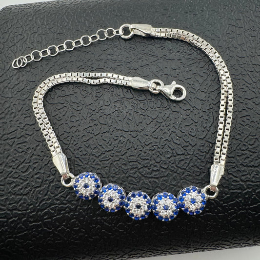 Evil Eye bracelet with 5 evil eye blue stone, Pulcera de ojito, ojo de turco plata 925