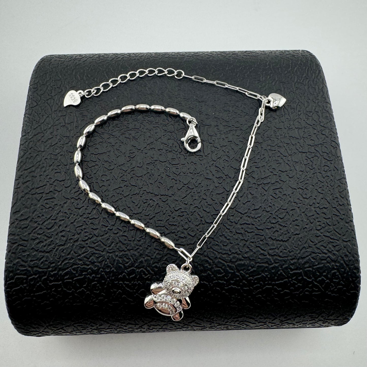 925 Sterling Silver Teddy bear Chain Bracelet Adjustable, osito pulsera de oso en plata