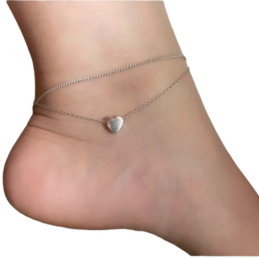 Double Chain anklet Heart- Tobillera corazón 925 Silver 9 inches